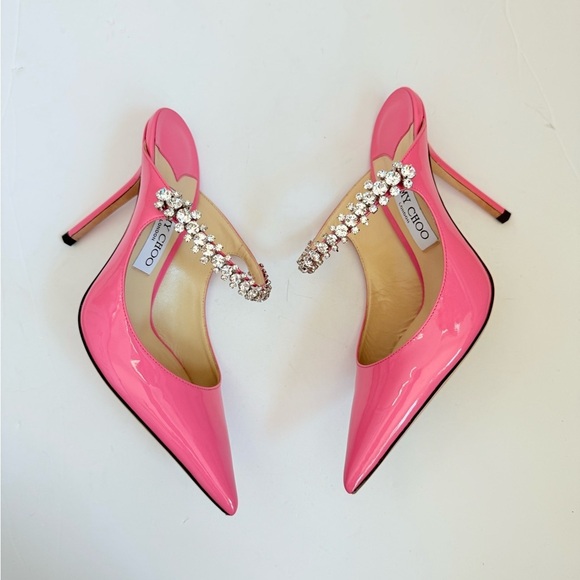 Jimmy Choo Candy Pink Patent Leather Bing 100 Crystal Embellished Mule pumps 38 - Picture 3 of 10